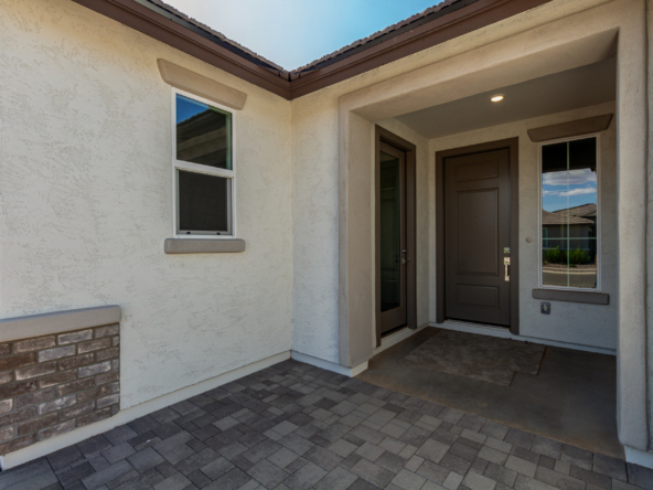 The Poppy floorplan's front porch and entry door.
