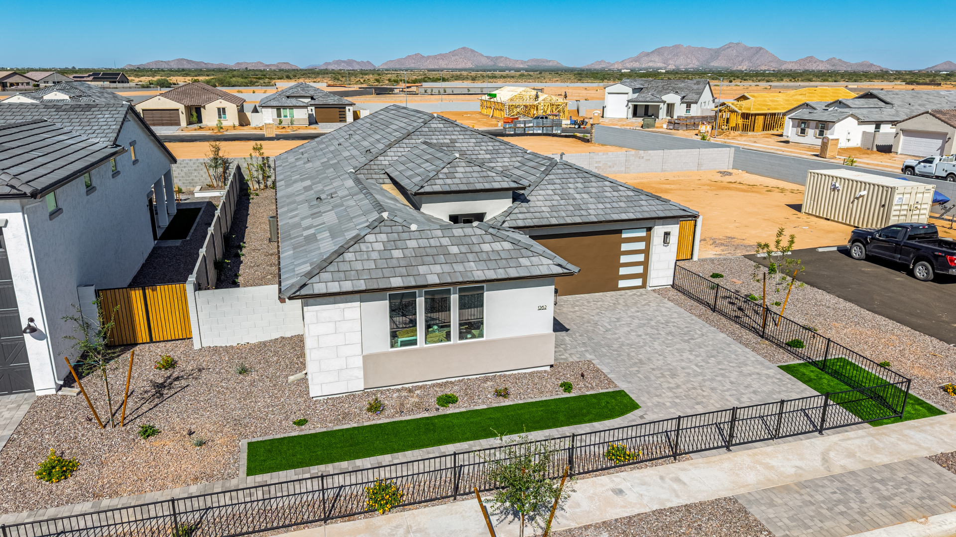 Marigold model home as seen from a drone close up