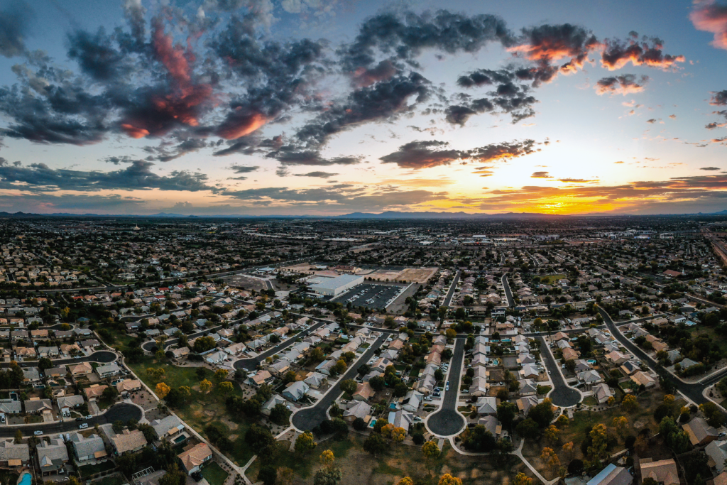 Aerial view of an arizona sunset over surprise and peoria