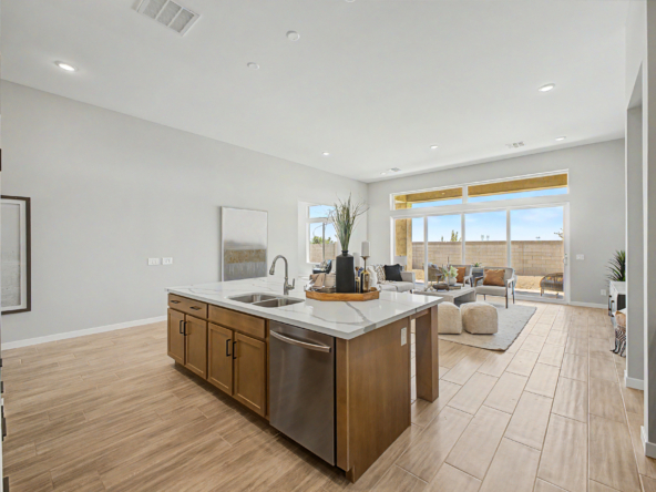 Tranquility RV Plan Kitchen viewing into great room