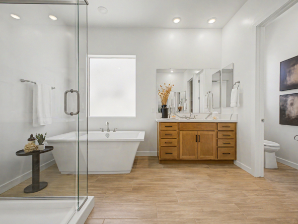 Tranquility RV Plan Master bathroom vanity, tub, and walk in shower