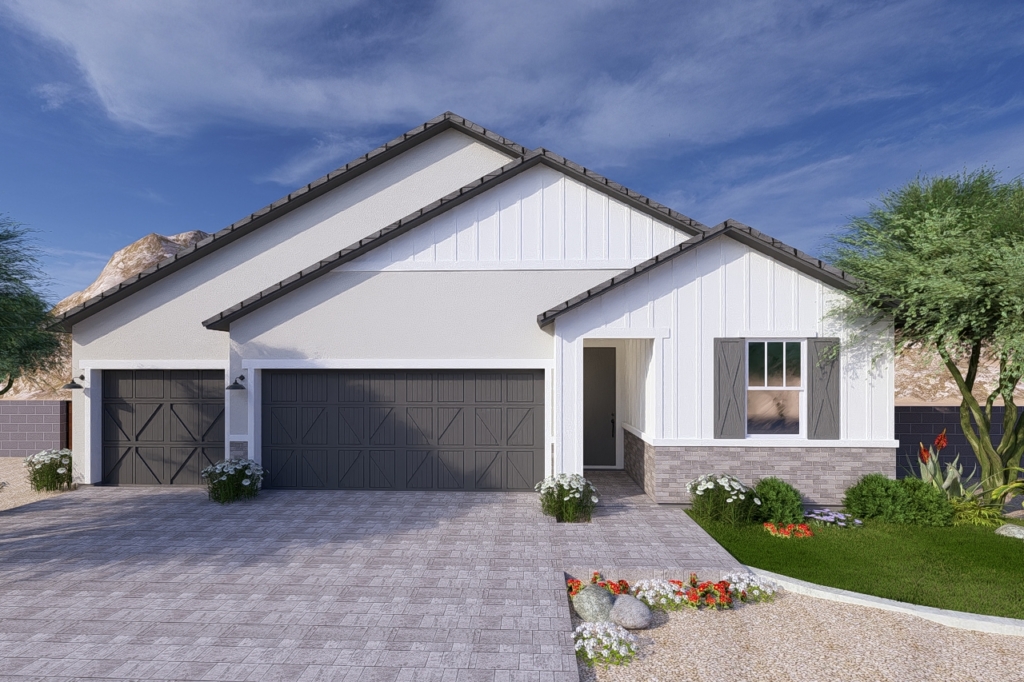A rendering of the Farmhouse style Capstone floor plan at La Privada in Goodyear AZ