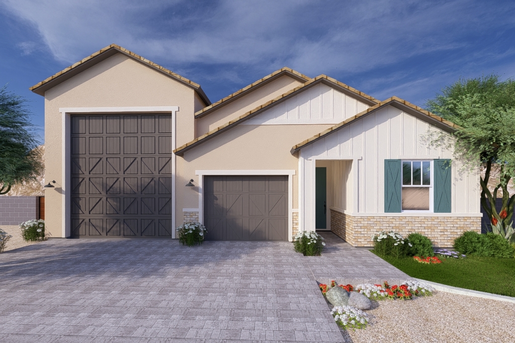 A rendering of the Farmhouse style Ridgeline RV floor plan at La Privada in Goodyear AZ