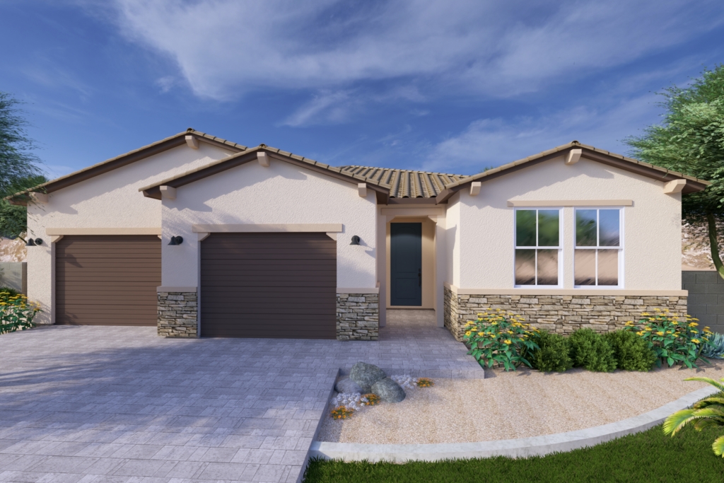 A rendering of the Sonoran style Apex floor plan at La Privada in Goodyear AZ