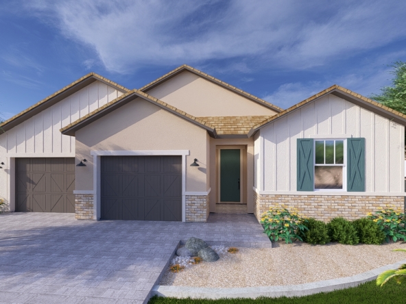 A rendering of the Farmhouse style Apex floor plan at La Privada in Goodyear AZ