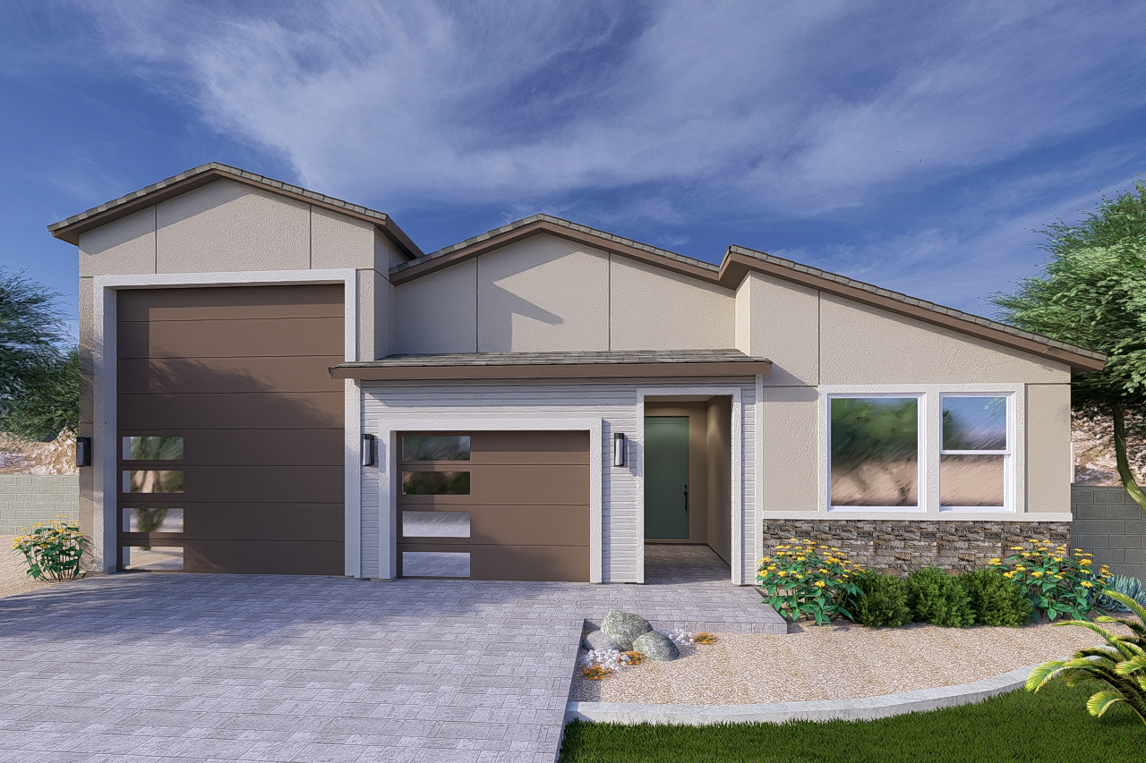 A rendering of the Modern style Apex RV floor plan at La Privada in Goodyear AZ