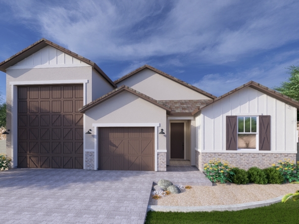 A rendering of the Farmhouse style Apex RV floor plan at La Privada in Goodyear AZ