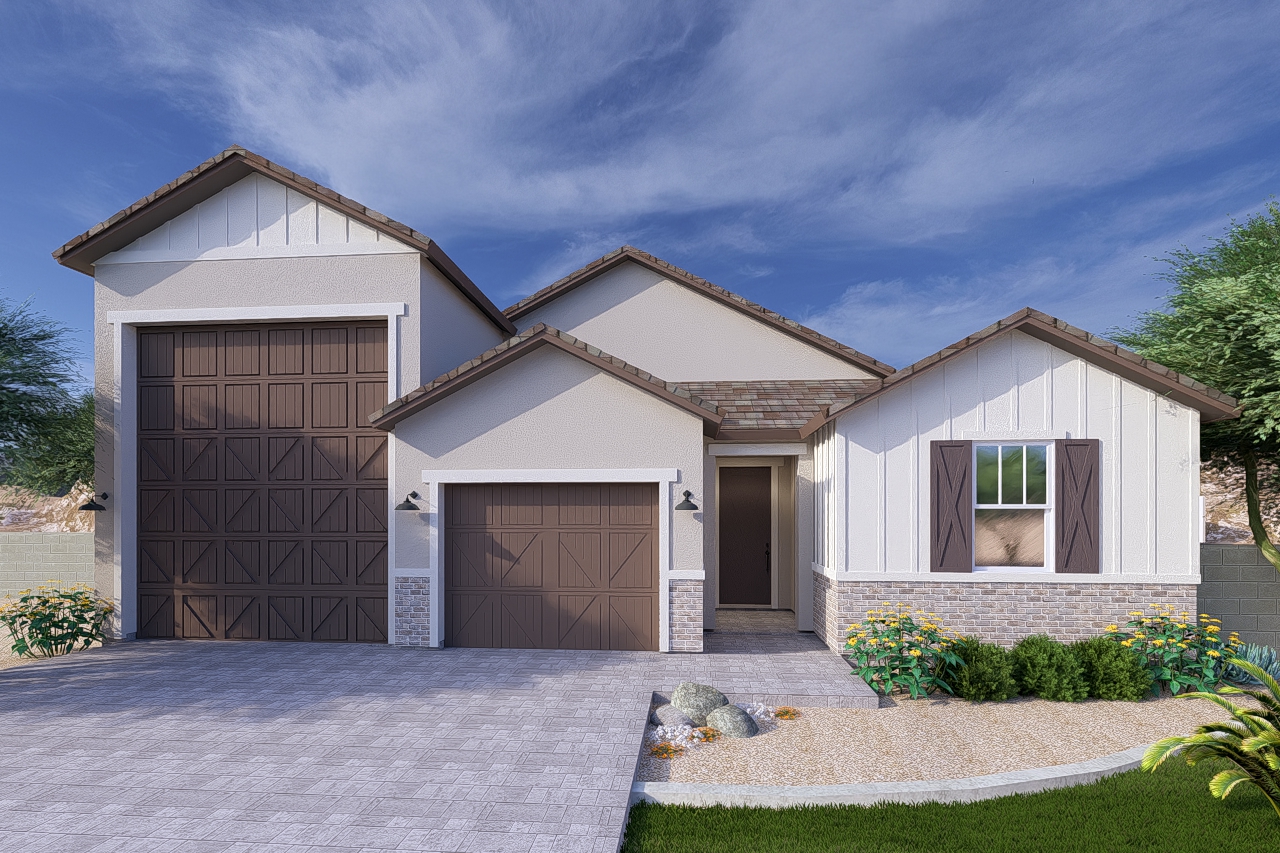 A rendering of the Farmhouse style Apex RV floor plan at La Privada in Goodyear AZ