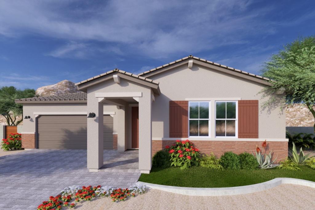 A rendering of the Sonoran style Belmont RV floor plan at La Privada in Goodyear AZ