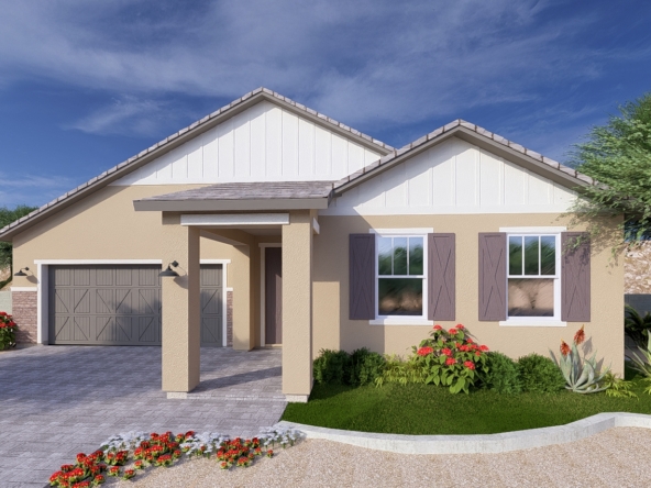 A rendering of the Farmhouse style Belmont RV floor plan at La Privada in Goodyear AZ