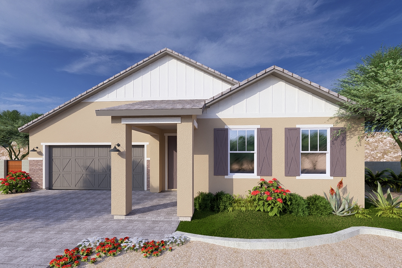 A rendering of the Farmhouse style Belmont RV floor plan at La Privada in Goodyear AZ