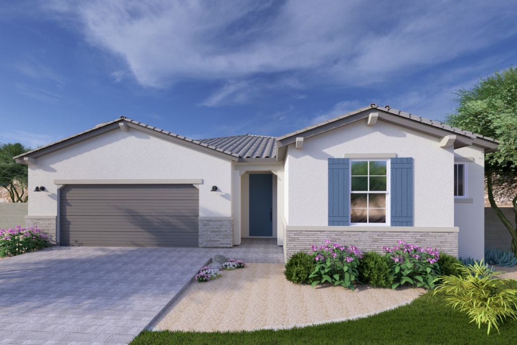 A rendering of the Sonoran style Crest floor plan at La Privada in Goodyear AZ