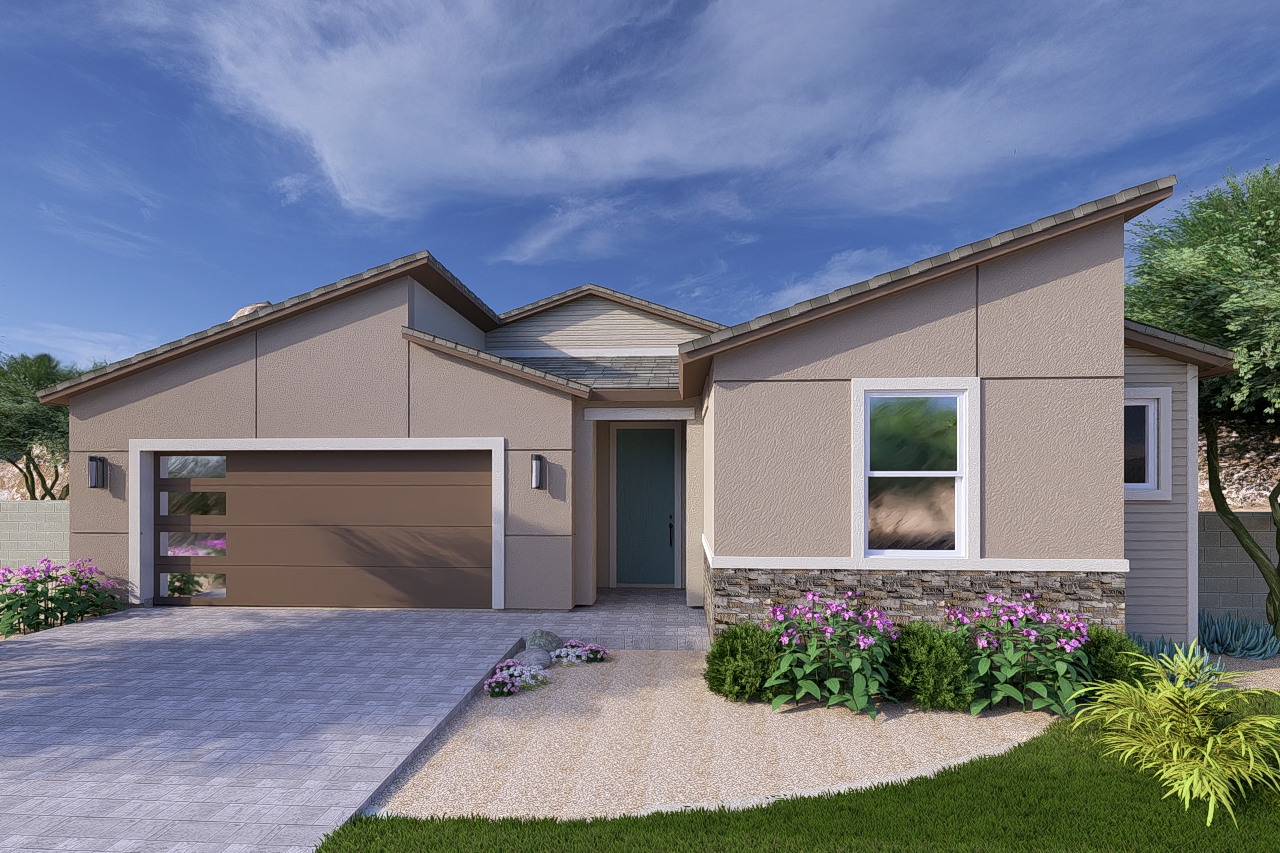 A rendering of the Modern style Crest floor plan at La Privada in Goodyear AZ