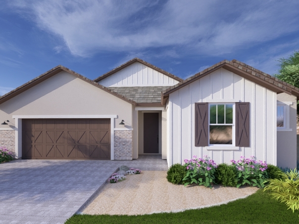 A rendering of the Farmhouse style Crest floor plan at La Privada in Goodyear AZ