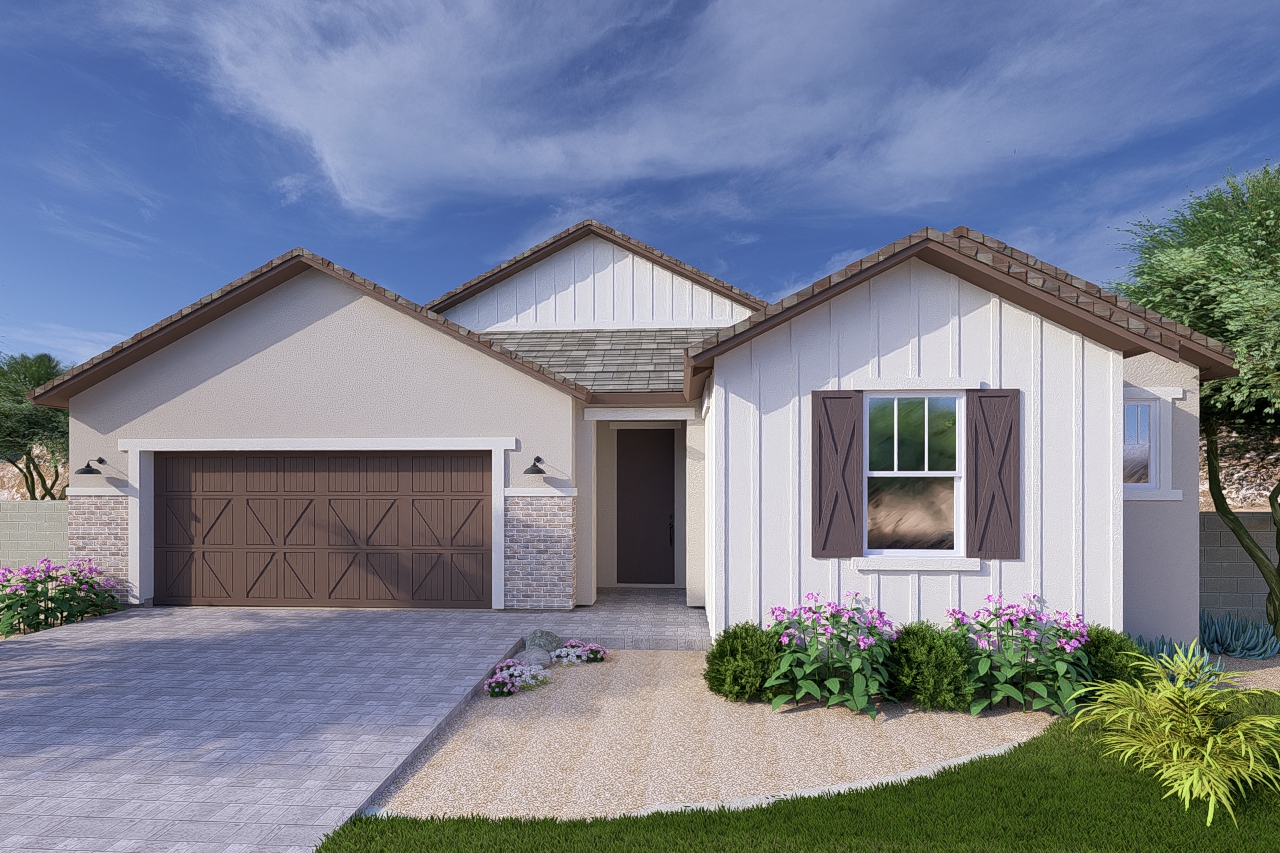 A rendering of the Farmhouse style Crest floor plan at La Privada in Goodyear AZ
