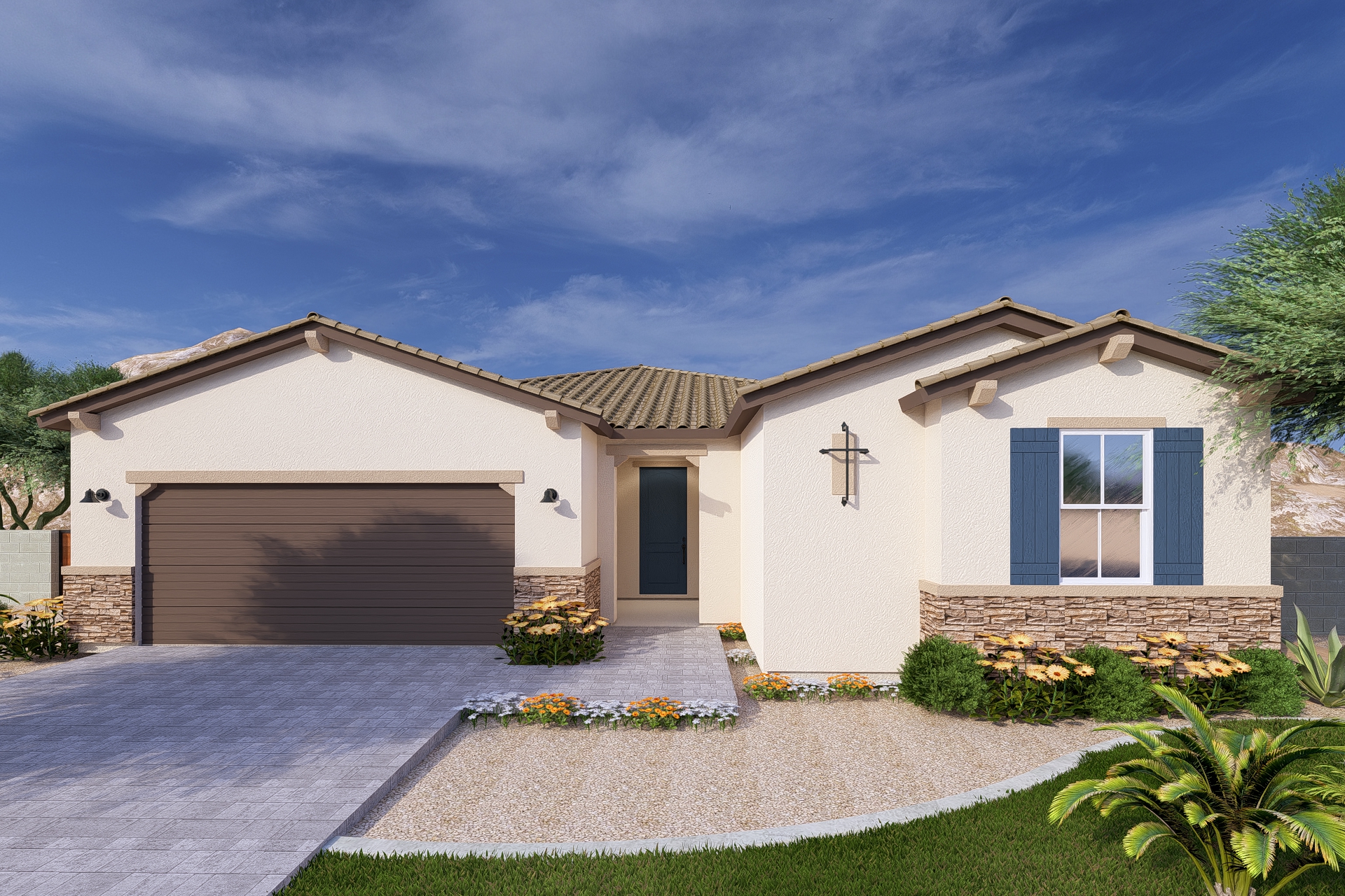 A rendering of the Sonoran style Highland floor plan at La Privada in Goodyear AZ
