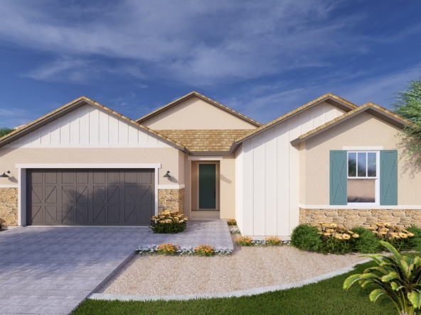 A rendering of the Farmhouse style Highland floor plan at La Privada in Goodyear AZ