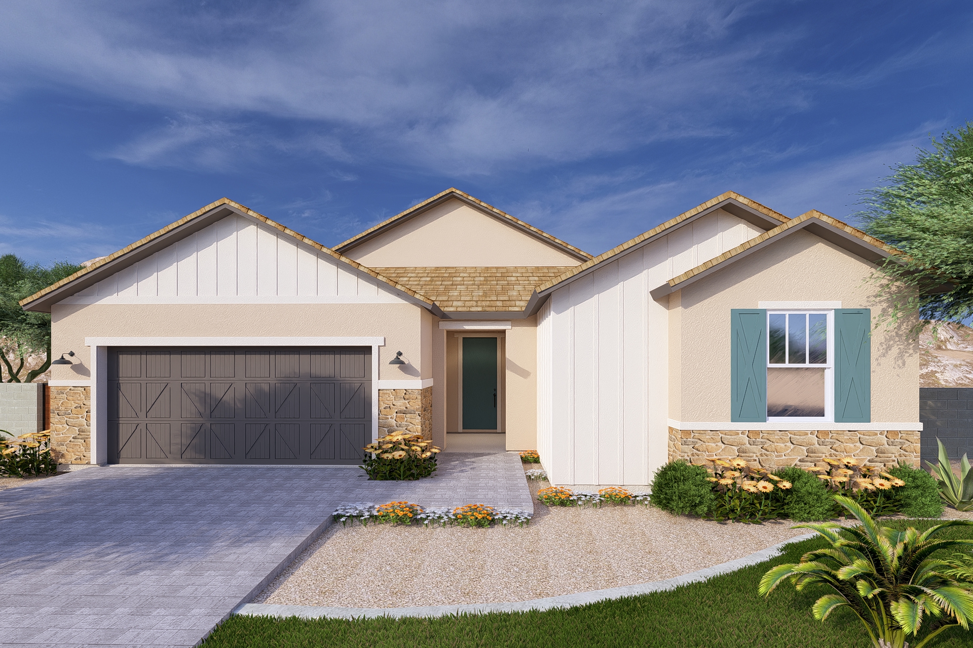 A rendering of the Farmhouse style Highland floor plan at La Privada in Goodyear AZ