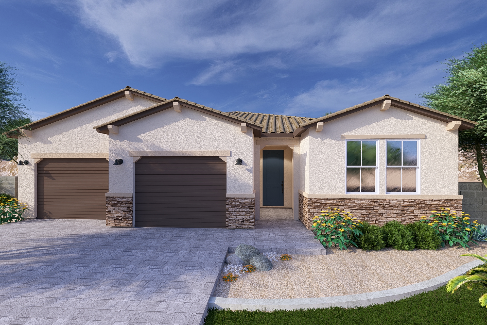 A rendering of the Sonoran style Apex floor plan at La Privada in Goodyear AZ