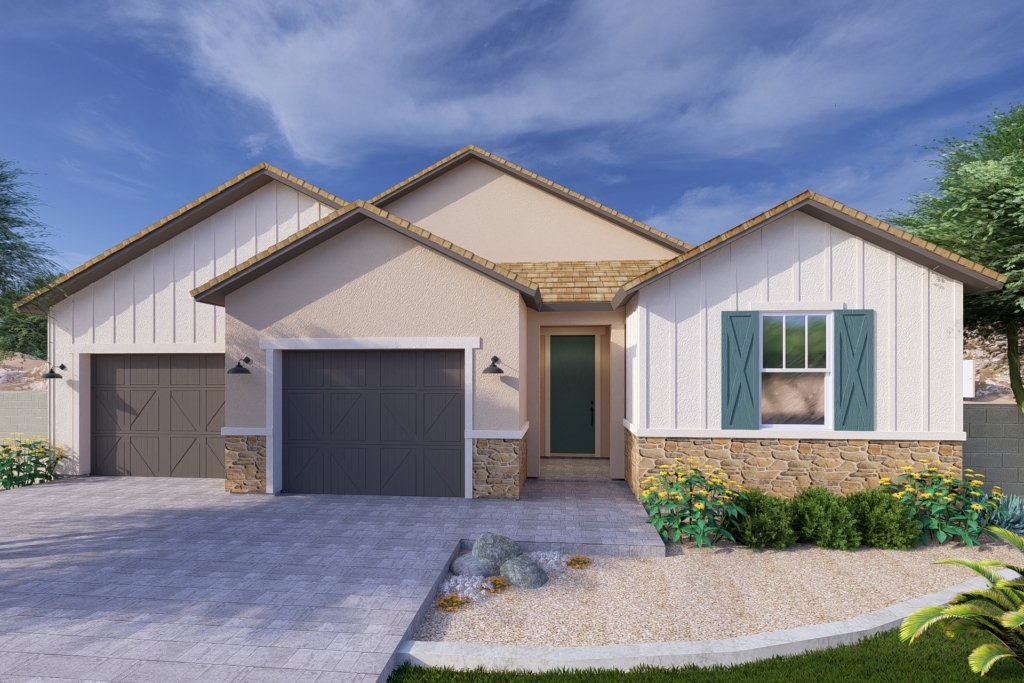 A rendering of the Farmhouse style Apex floor plan at La Privada in Goodyear AZ