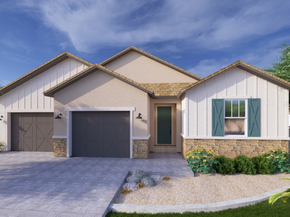 A rendering of the Farmhouse style Apex floor plan at La Privada in Goodyear AZ