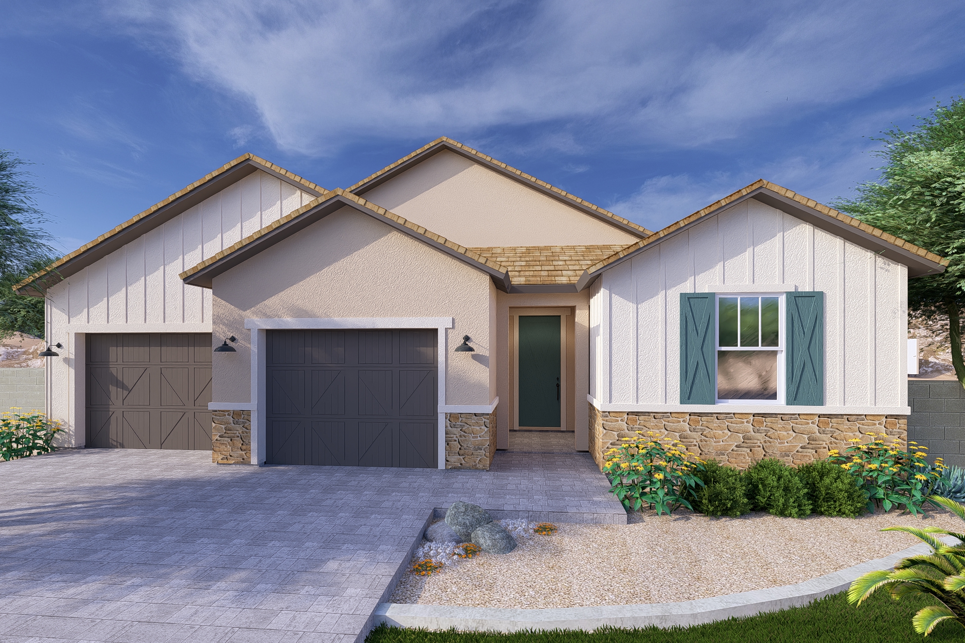 A rendering of the Farmhouse style Apex floor plan at La Privada in Goodyear AZ