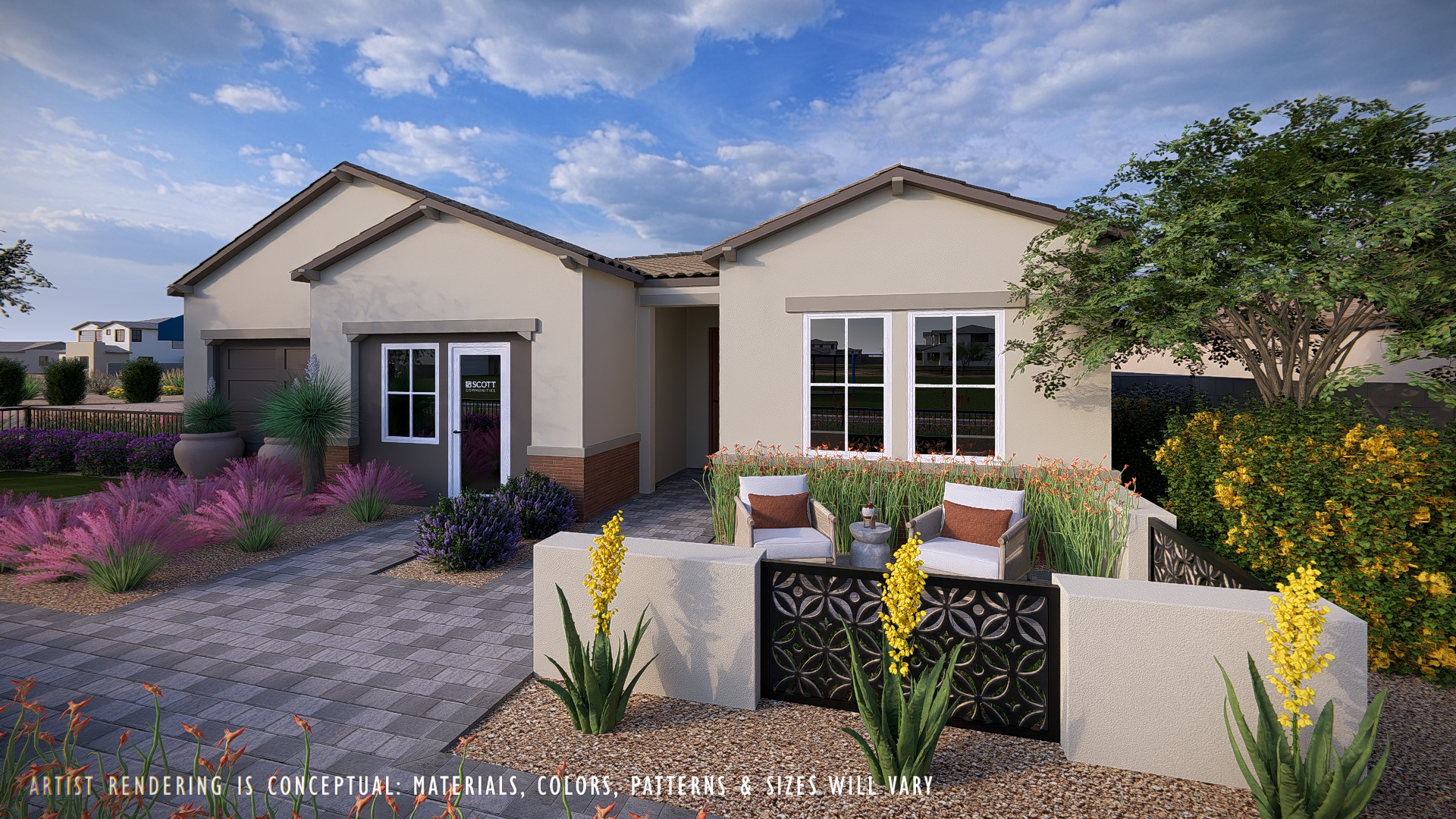 Exterior of a home in La Privada with outdoor furniture in the front