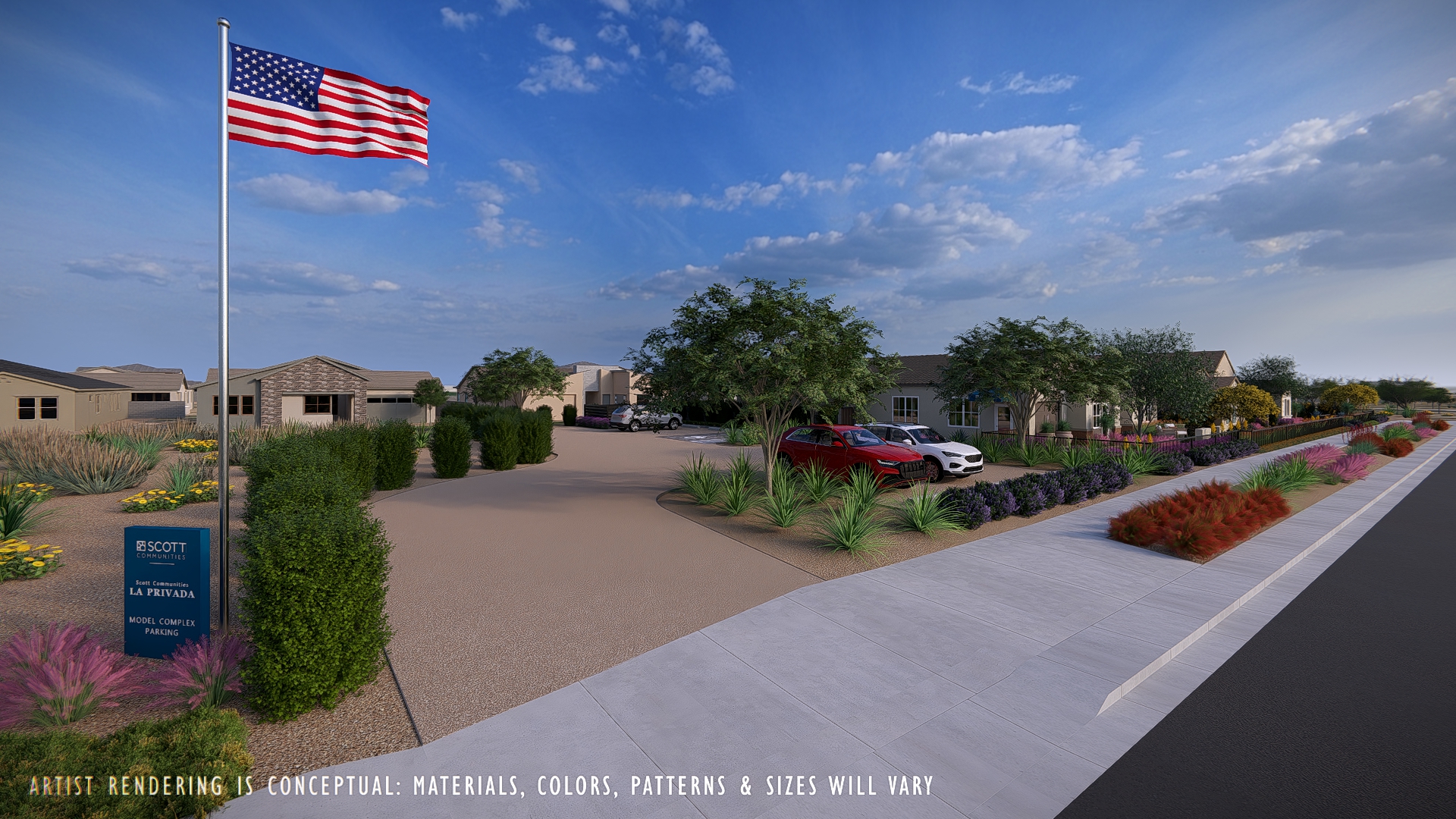 Rendering of a street in the new home community La Privada