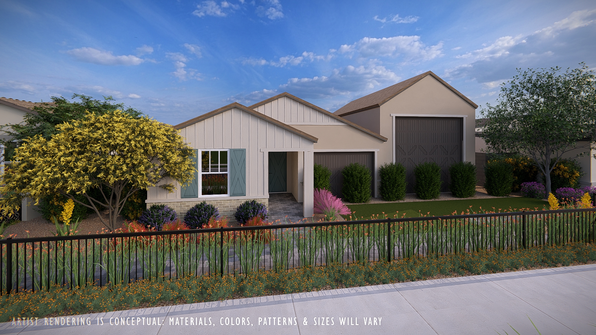 Exterior of a farmhouse elevation floorplan with RV garage in La Privada