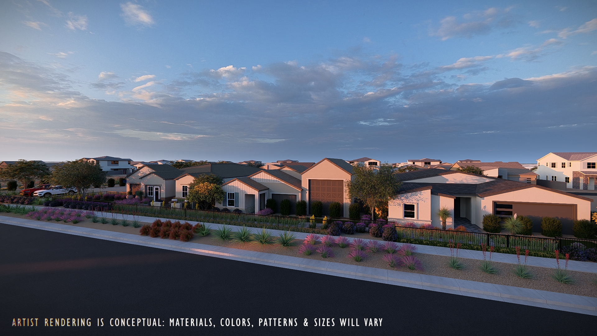 Rendering of a street with new homes in La Privada