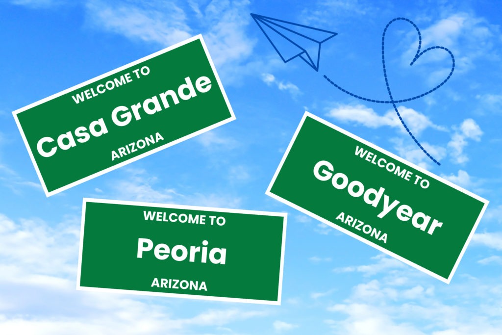 blue sky showing fluffy white clouds and "welcome to" signs for Casa Grande, Goodyear, and Peoria