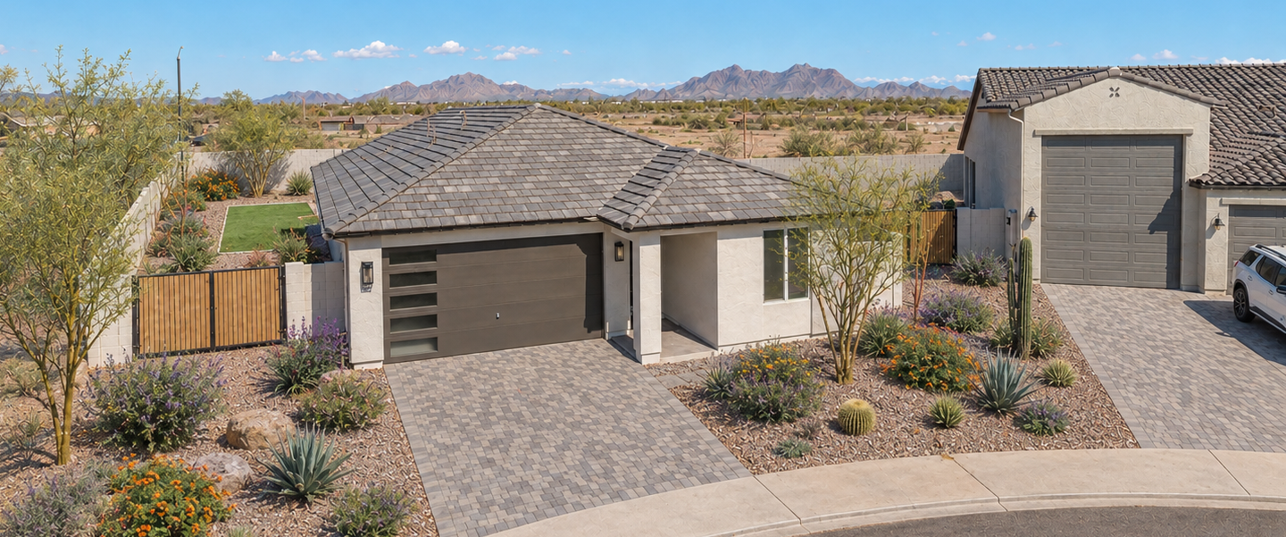Aerial view of homes with desert in the background