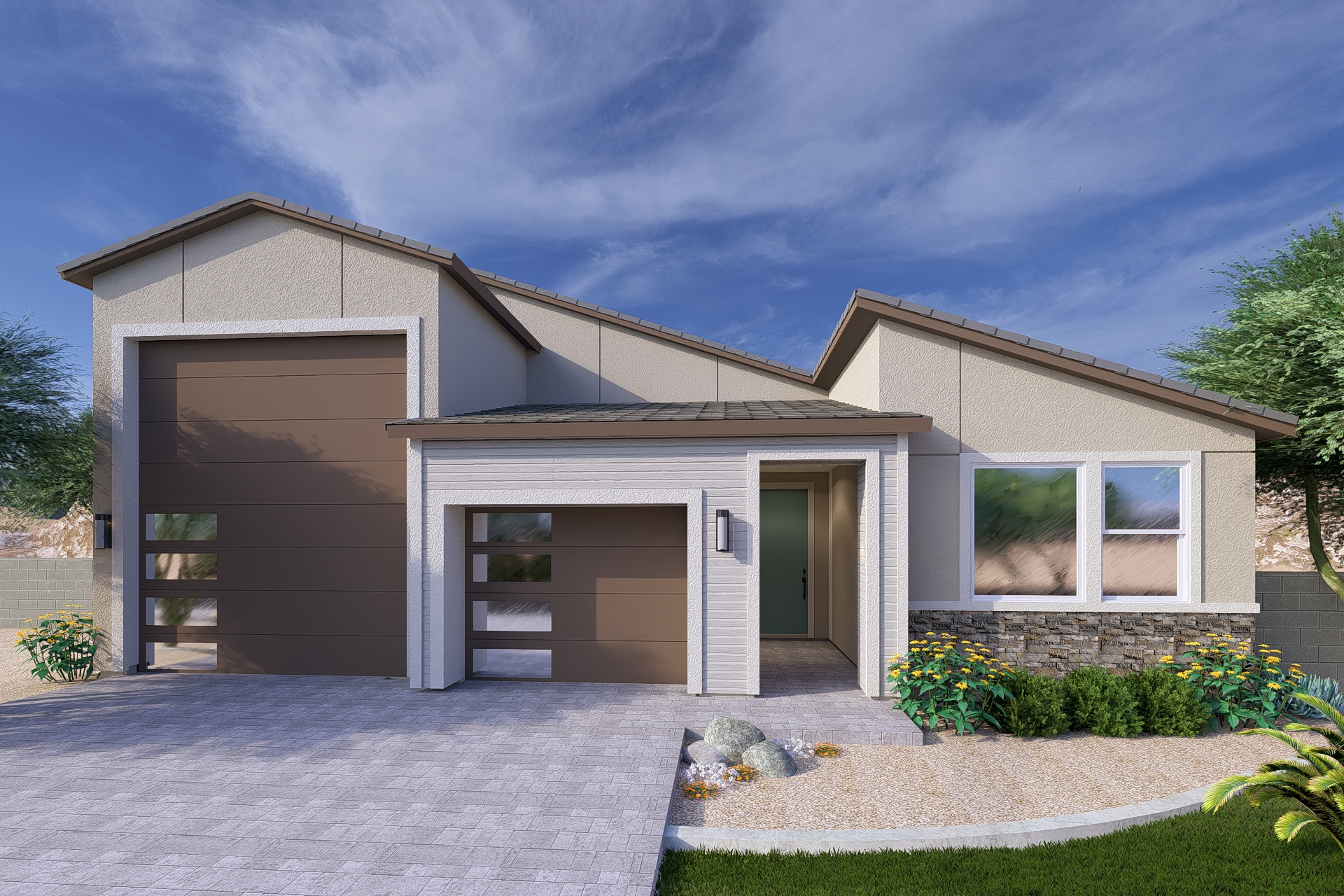 Rendering of the Apex RV floor plan, modern elevation