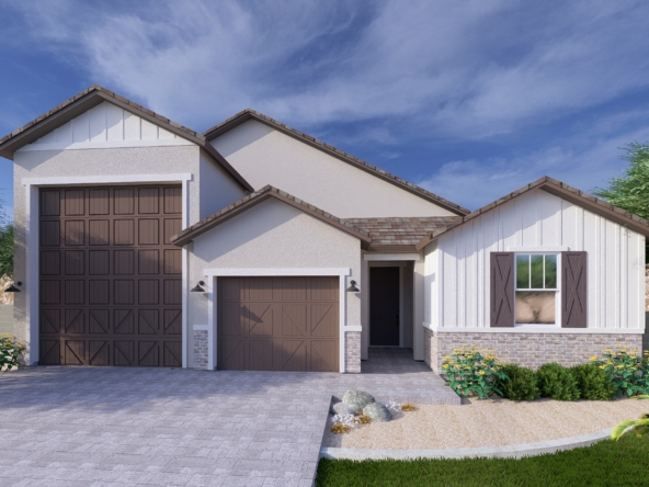 Rendering of the Apex RV floor plan, farmhouse elevation