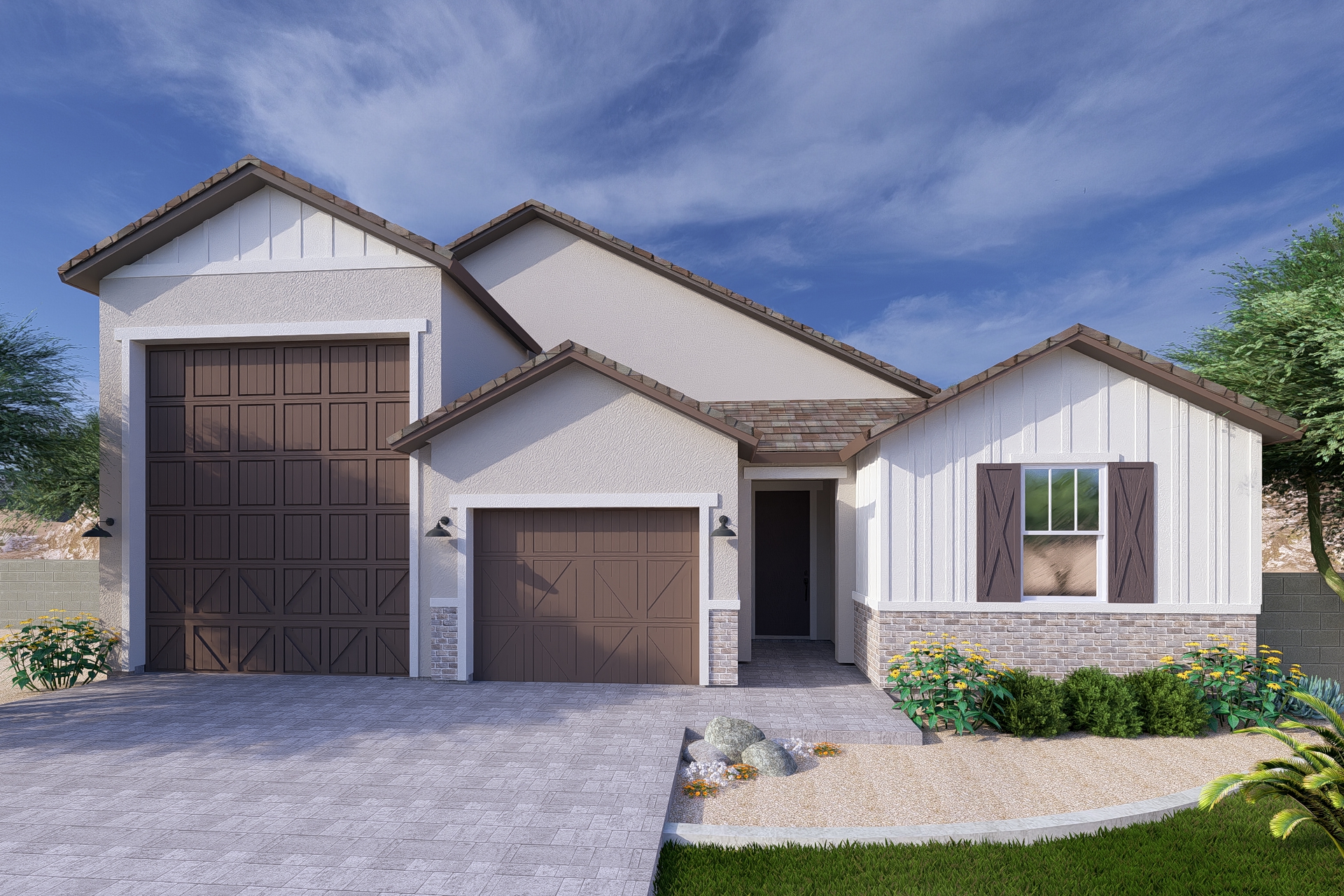 Rendering of the Apex RV floor plan, farmhouse elevation