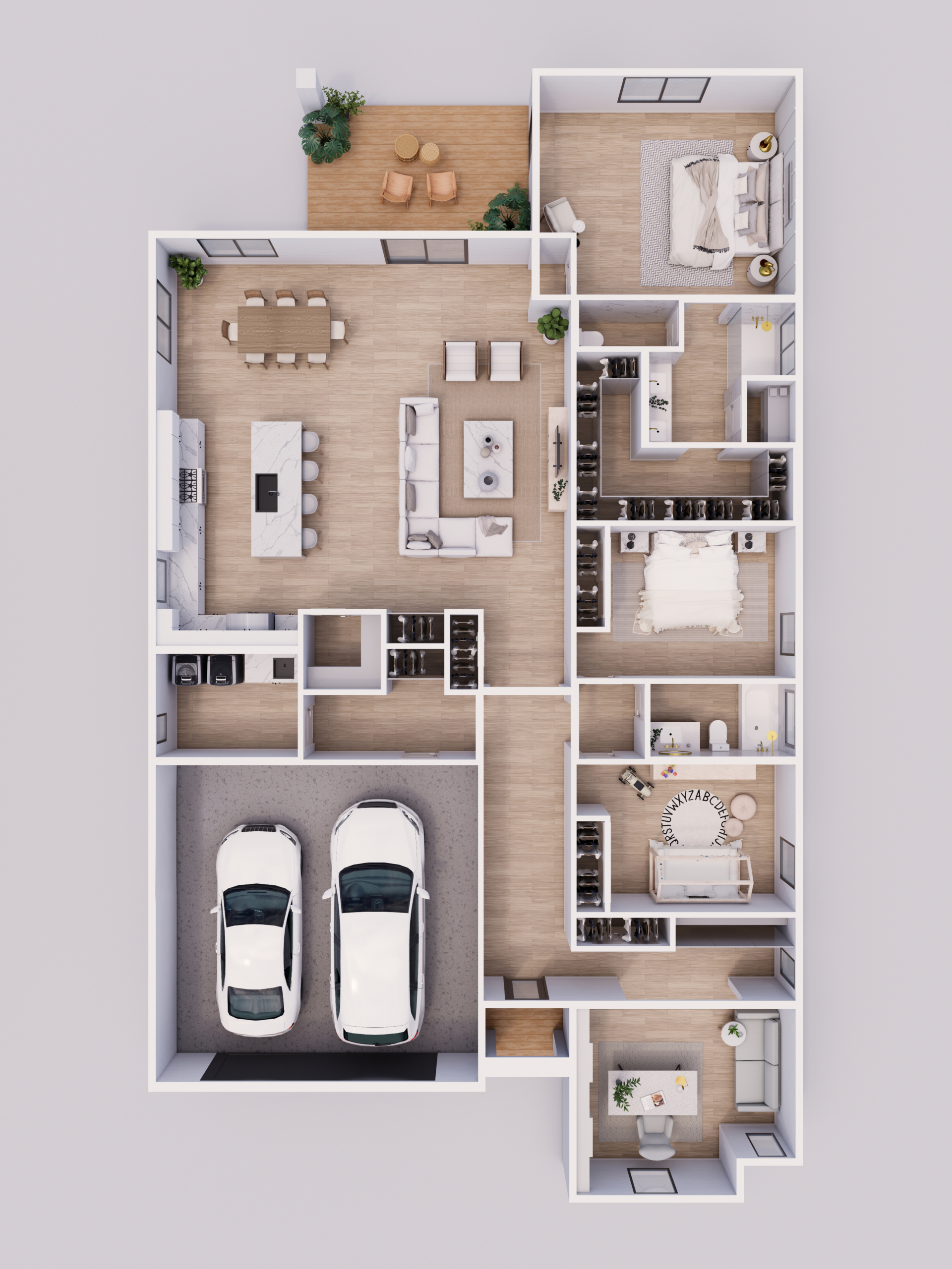 Overhead dollhouse view of the Crest floor plan