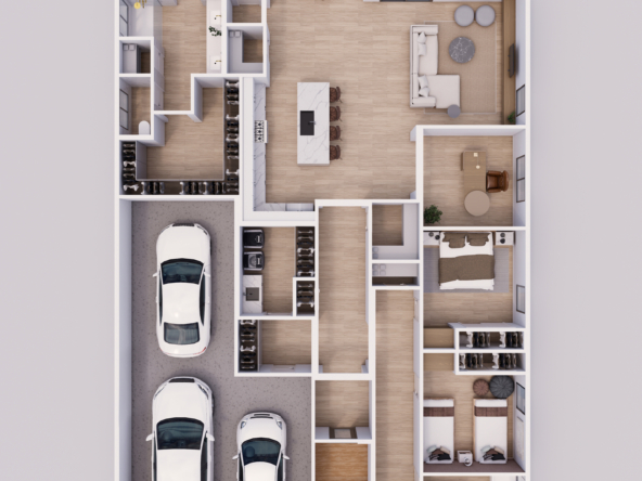 Overhead dollhouse view of the Highland floor plan