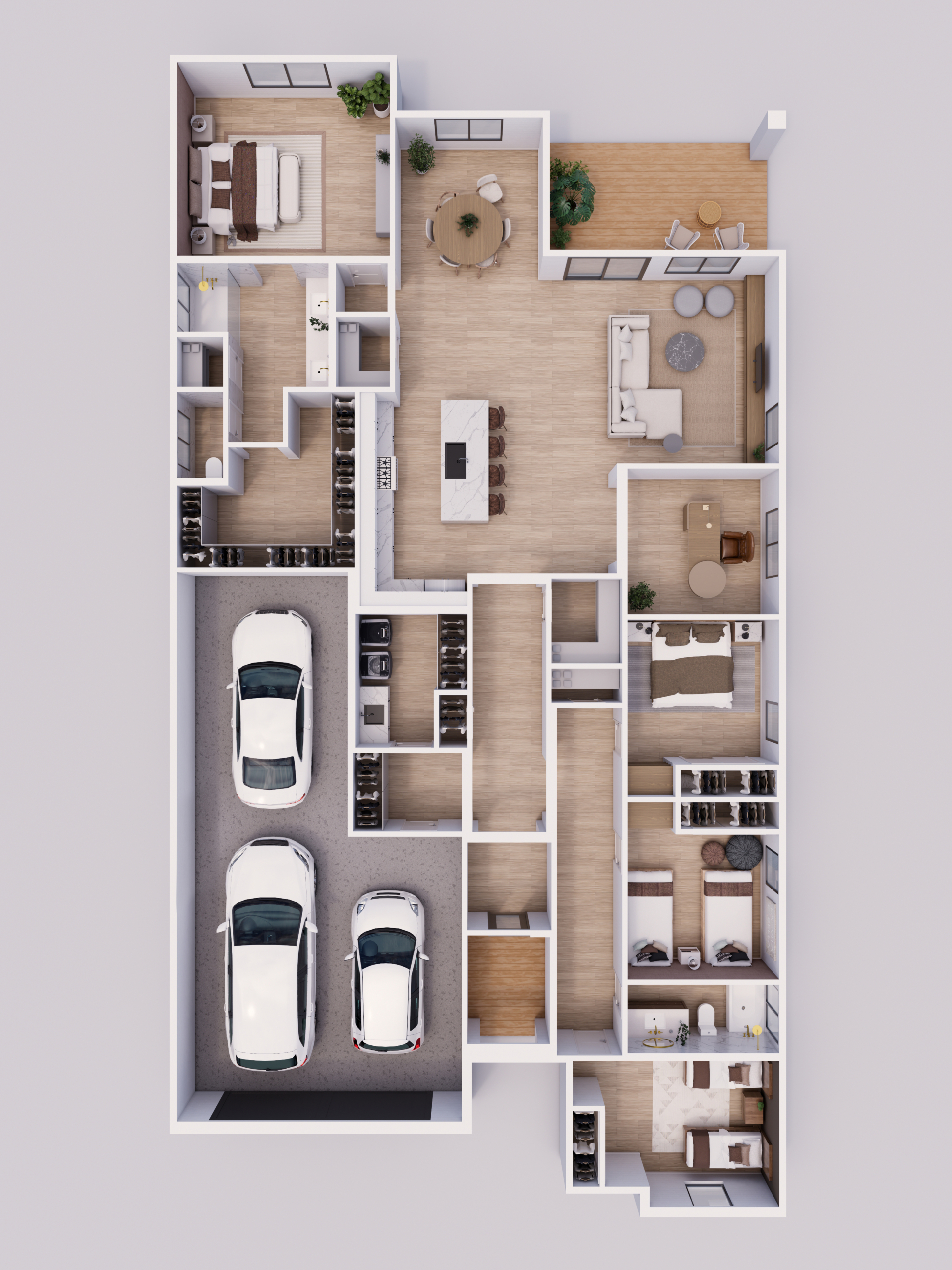 Overhead dollhouse view of the Highland floor plan